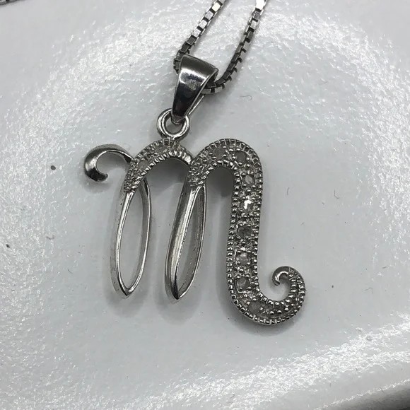 Initial Monogram Letter M with Diamonds Sterling Silver 925 Necklace Giftable