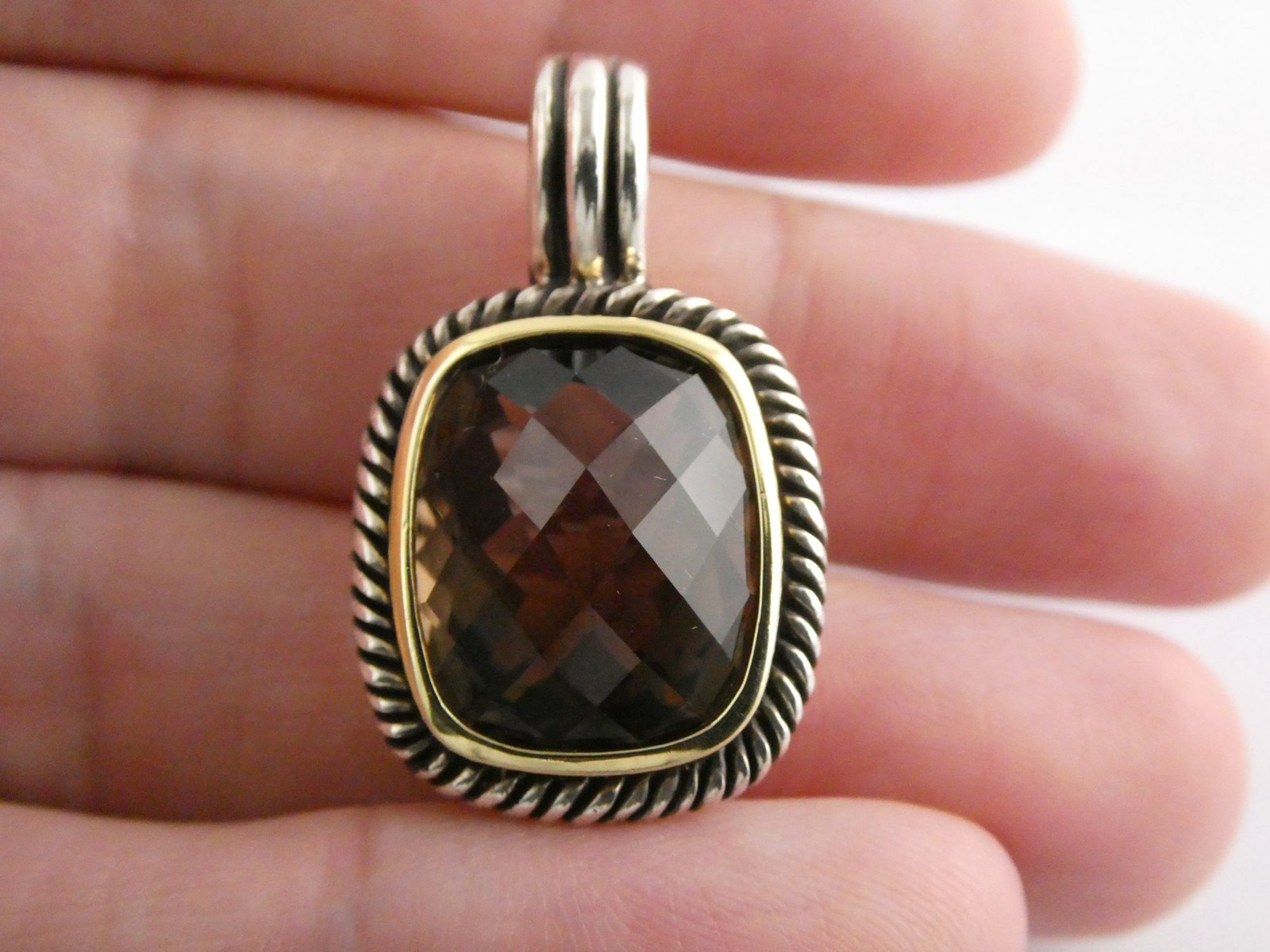 Designer Sterling Silver Faceted Smoky Quartz Pendant Enhancer 8.2g 30mm Length