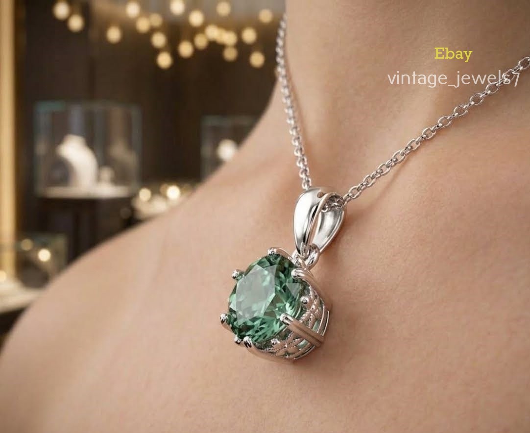 2CT Round Green Lab Created Diamond Solitaire Pendant 14K White Gold Finish