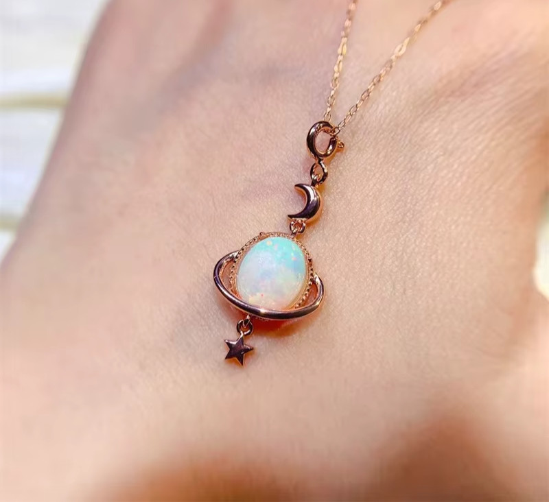 Celestial Opal Pendant Necklace 6x8mm, Opal Planetary Moon & Stars Pendant