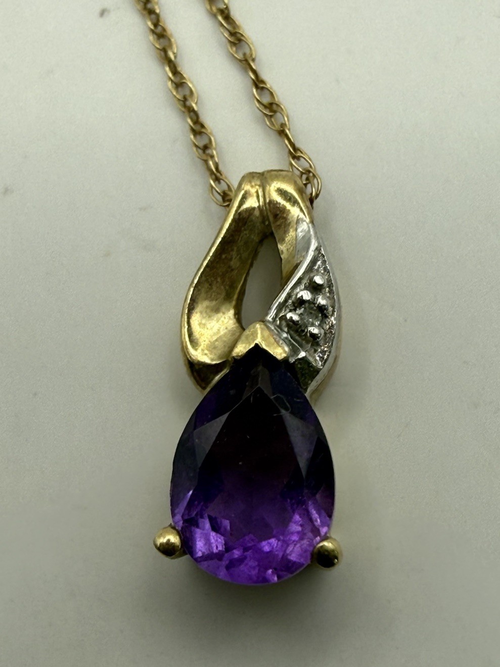 Pendant Amethyst Diamond Pear Shaped Purple 18” Cable Link Chain 10k Yellow Gold