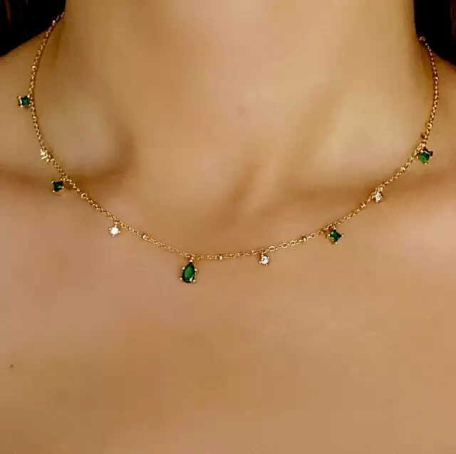 4.00Ct Pear Cut Lab-Created Green Emerald Tennis Necklace 14k Yellow Gold Plated