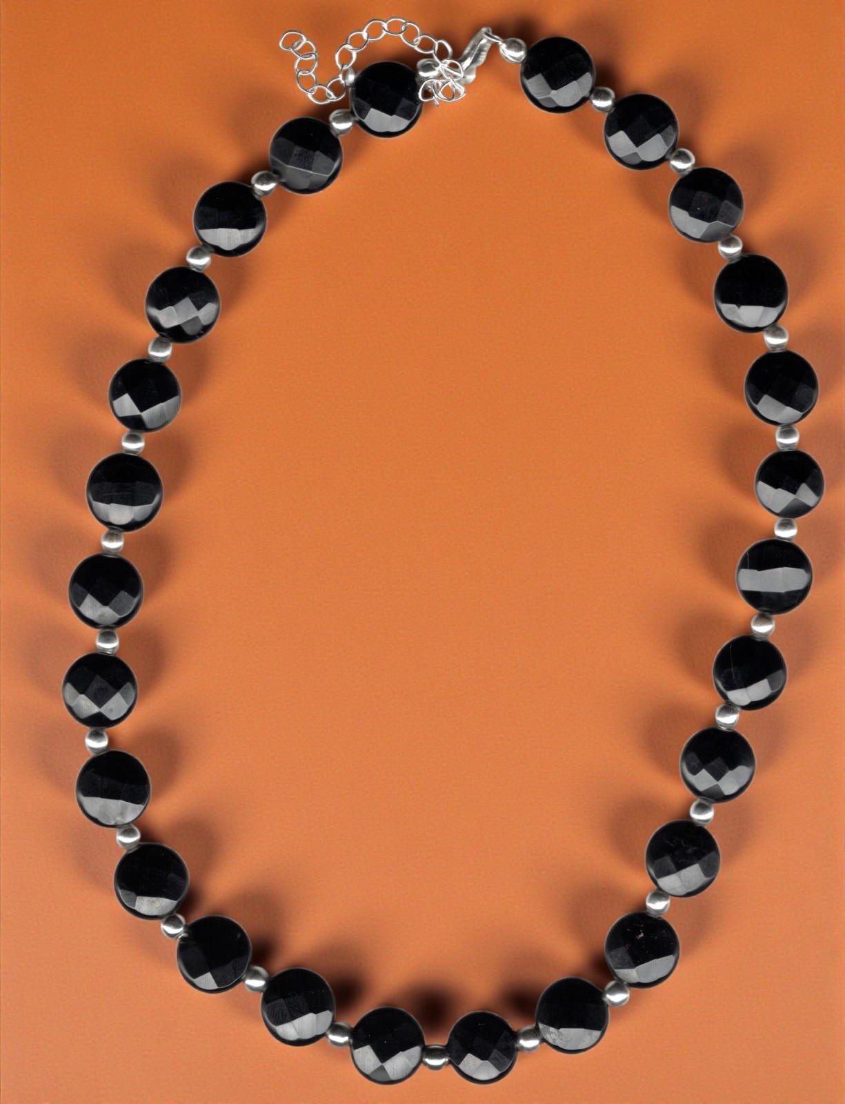 Black Onyx Beaded Necklace Faceted Oval Beads 925 FSA 16-19in