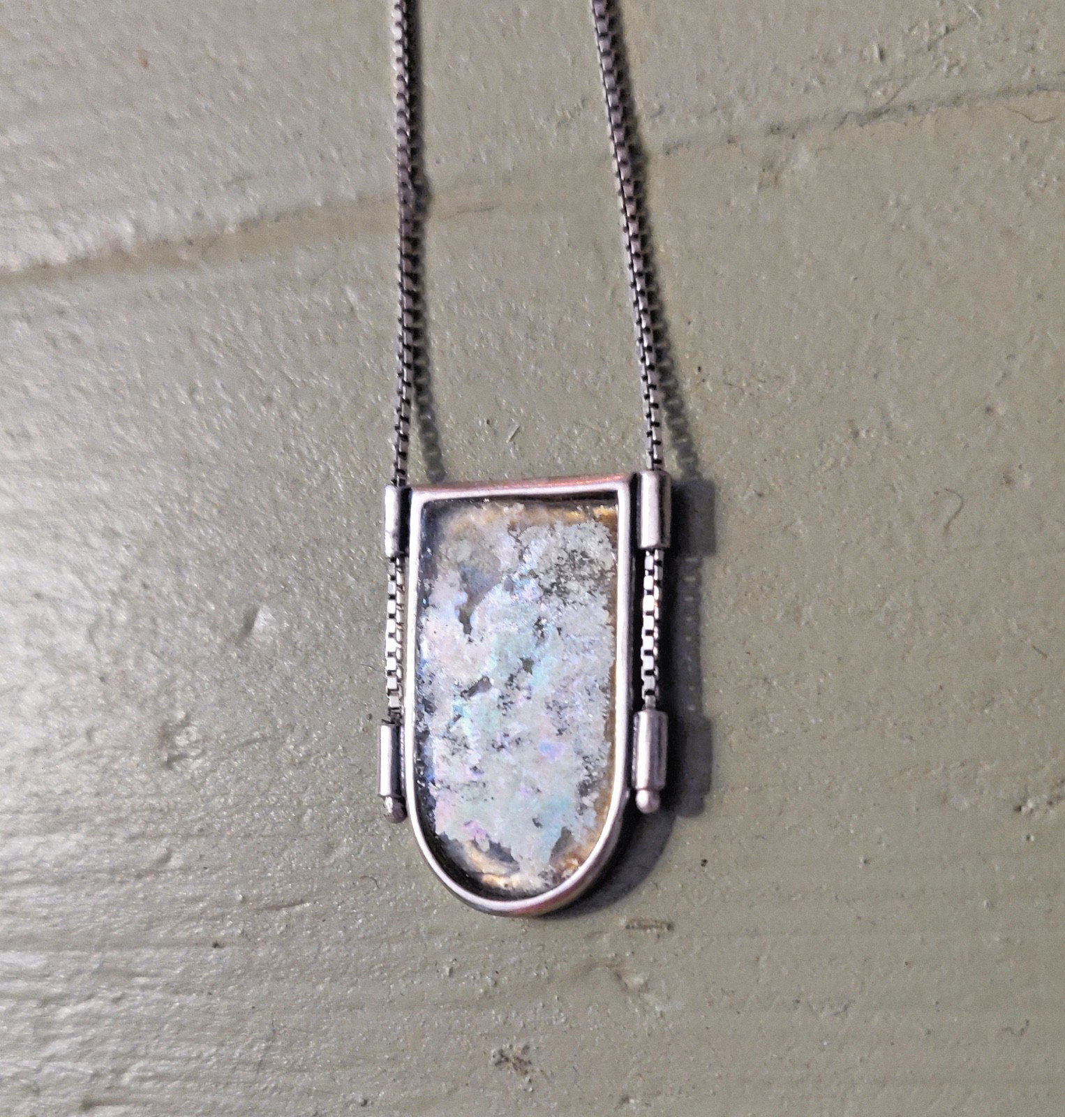 Ancient Roman Glass and Sterling Silver 925 Pendant Necklace Blue / Pink Patina