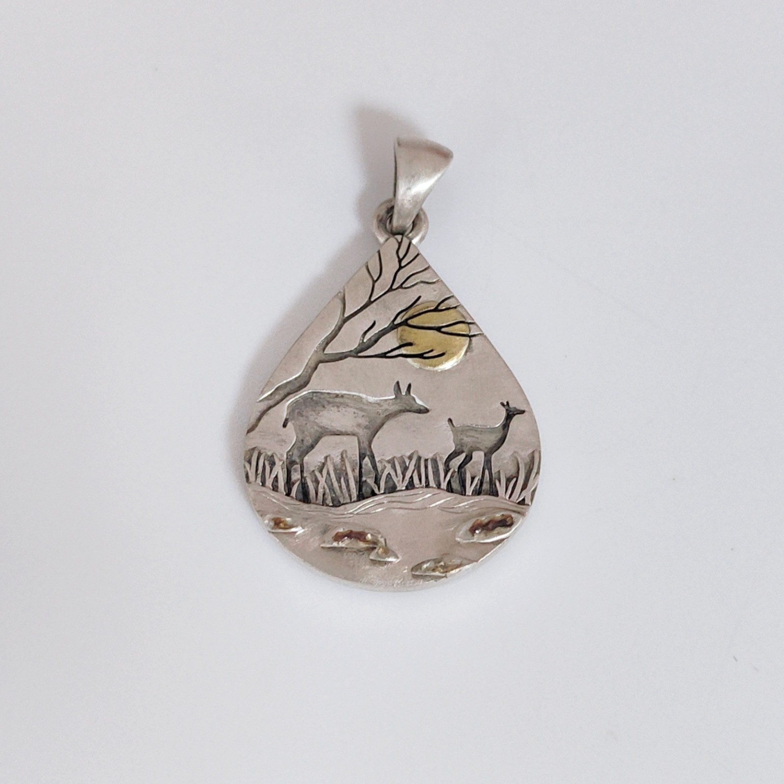 Deer Forest Pendant Teardrop Nature Necklace Charm Sterling Silver Handcrafted
