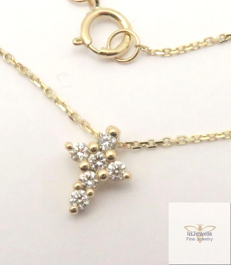 14K SOLID YELLOW GOLD TINY NATURAL DIAMOND CROSS PENDANT NECKLACE 16″-18″ VS-SI1