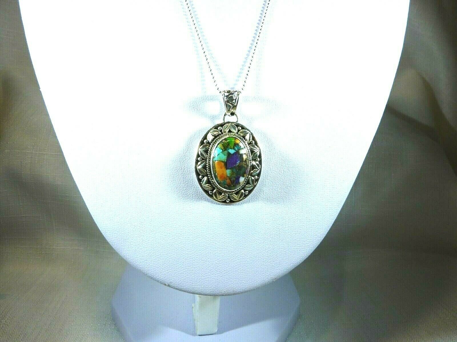 Multicolour Copper Turquoise Solid Sterling Silver Oval Shape Pendant & Chain