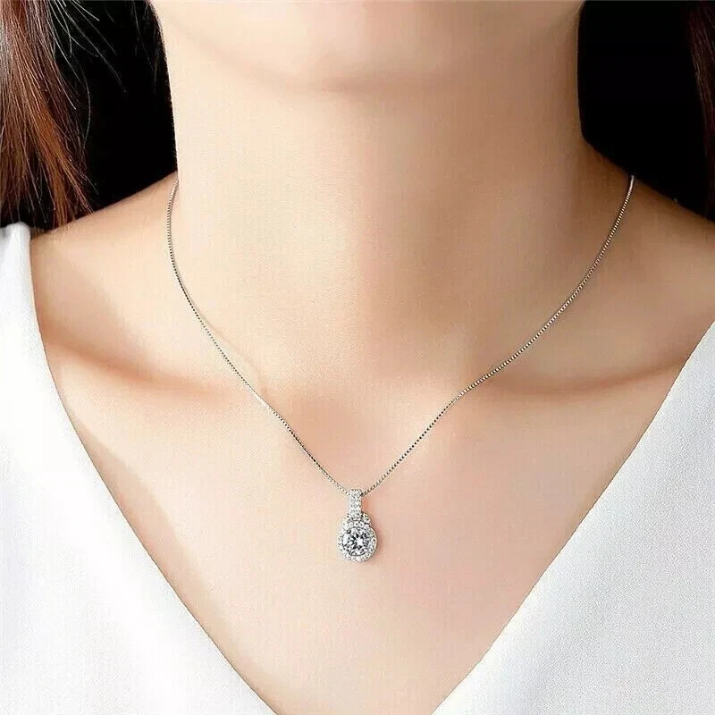 2 CT Round Real VVS1 Moissanite Drop Halo Pendant Free Chain 925 Sterling Silver