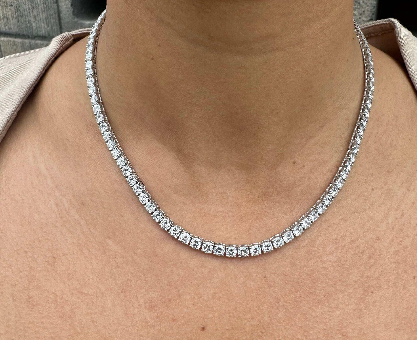 15 Carat Round Natural Diamond Tennis Necklace 14K Rose Gold 16 inch