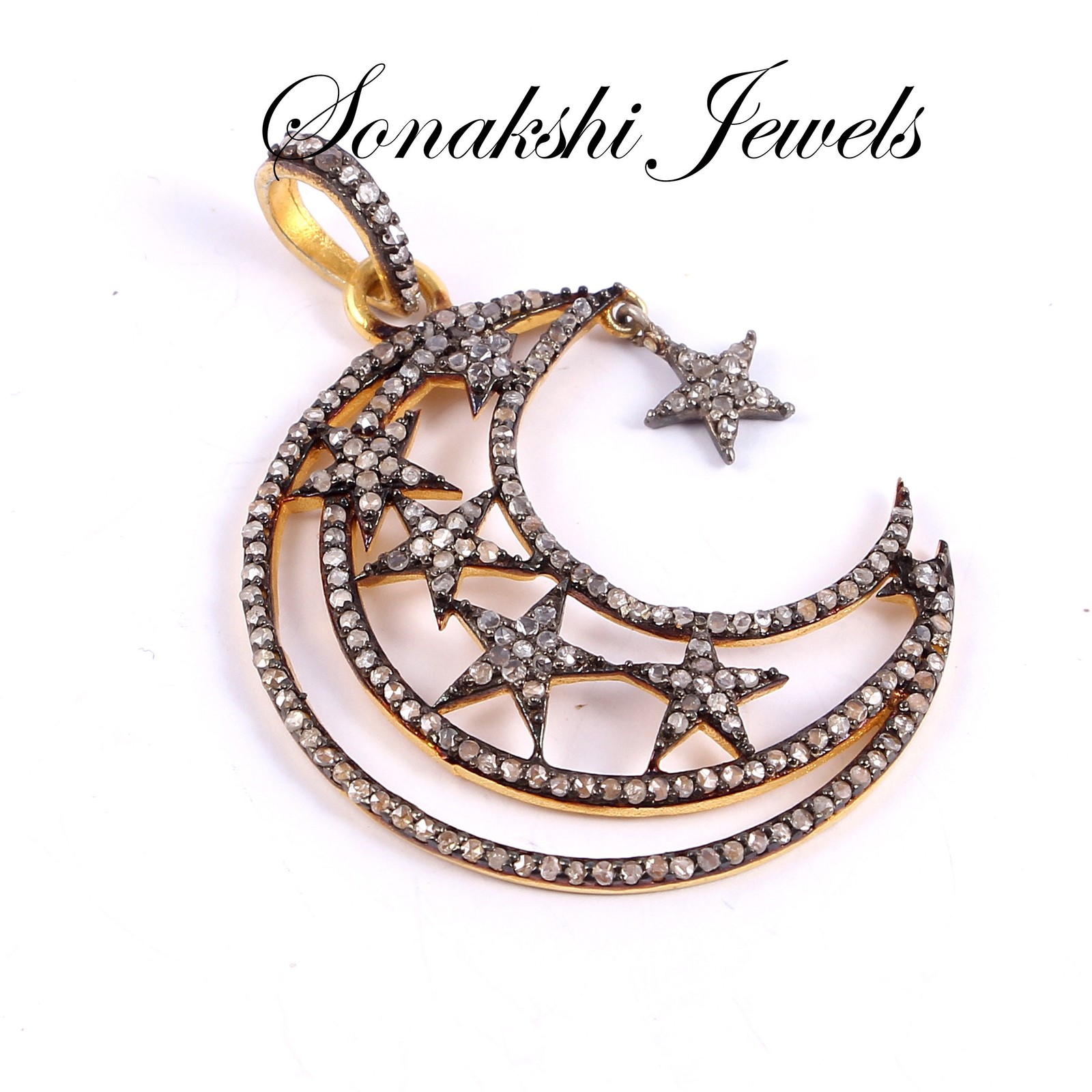 Rose Cut Diamond Moon Star Pendant: Handmade 925 Sterling Silver Pendent
