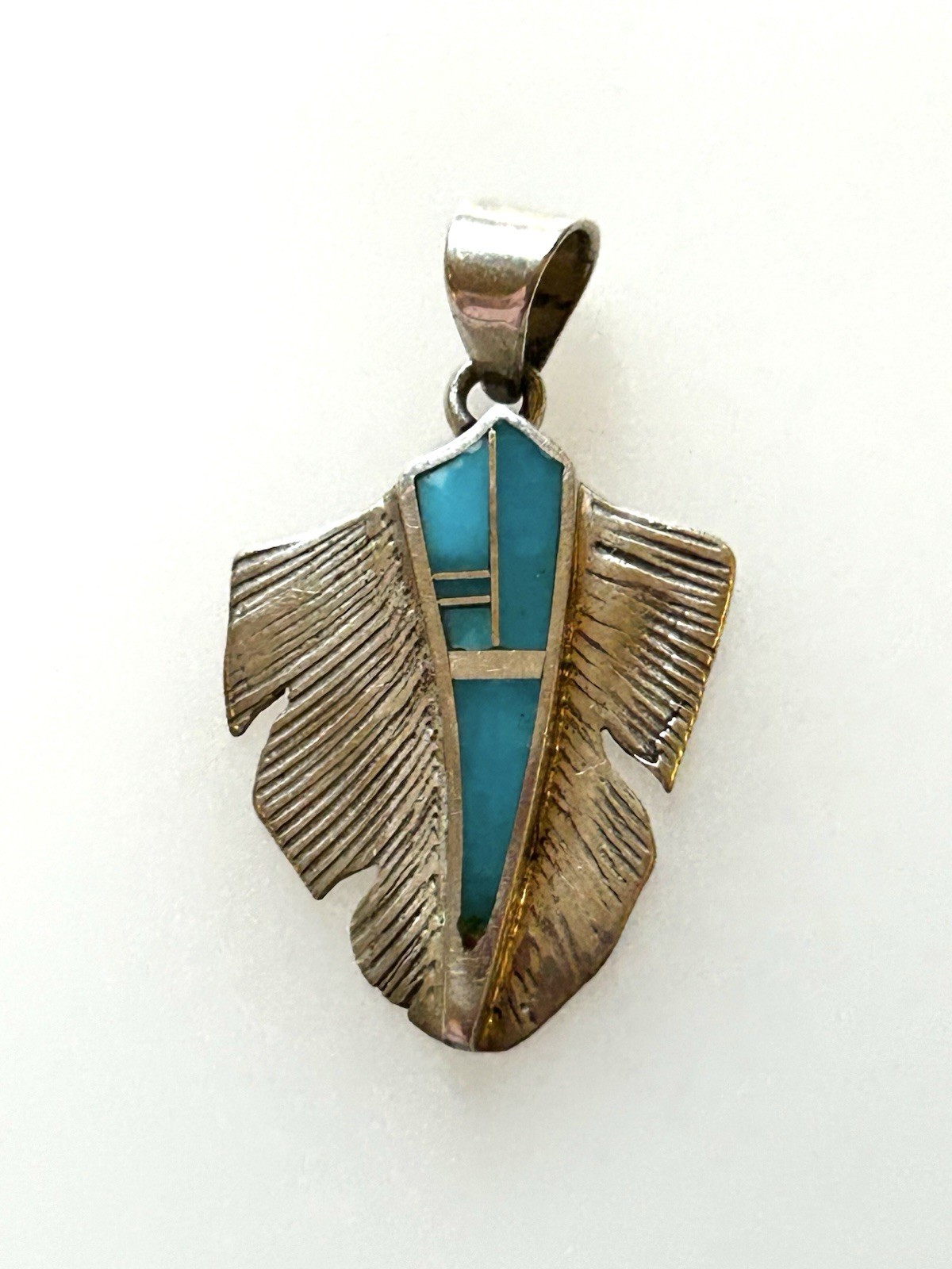 Vintage Calvin Begay Turquoise Sterling Silver Turquoise Inlay Feather Pendant