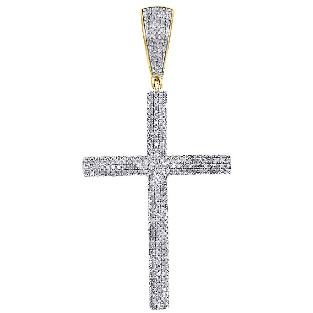 10K Yellow Gold Diamond Cross Pendant Tube Domed Mens Pave 2.10″ Charm 0.89 Ct.