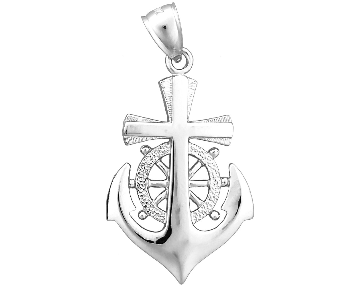 Rhodium Plated 925 Sterling Silver Cross, Ship Wheel, Anchor Pendant