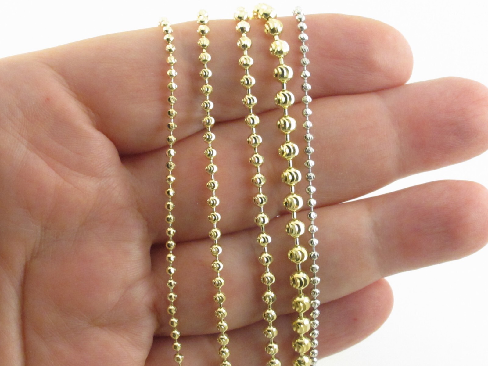 14k Gold Mooncut Ball Chain Necklace 16″, 18″, 20″, 22″, 24″- 2 To 4 MM