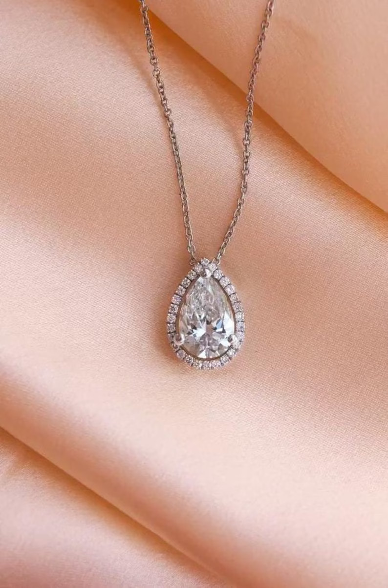 18″ Halo Pendant For Engagement 2.30CT Pear Lab Grown Diamond 14k White Gold