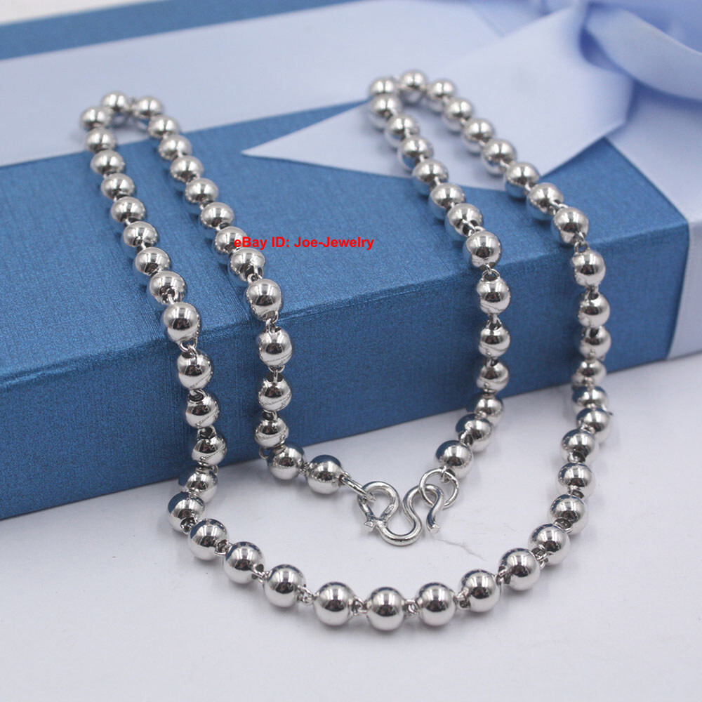 Real 999 Fine Silver Necklace 5mm Glossy Bead Link Chain 17.7 – 29.5inch
