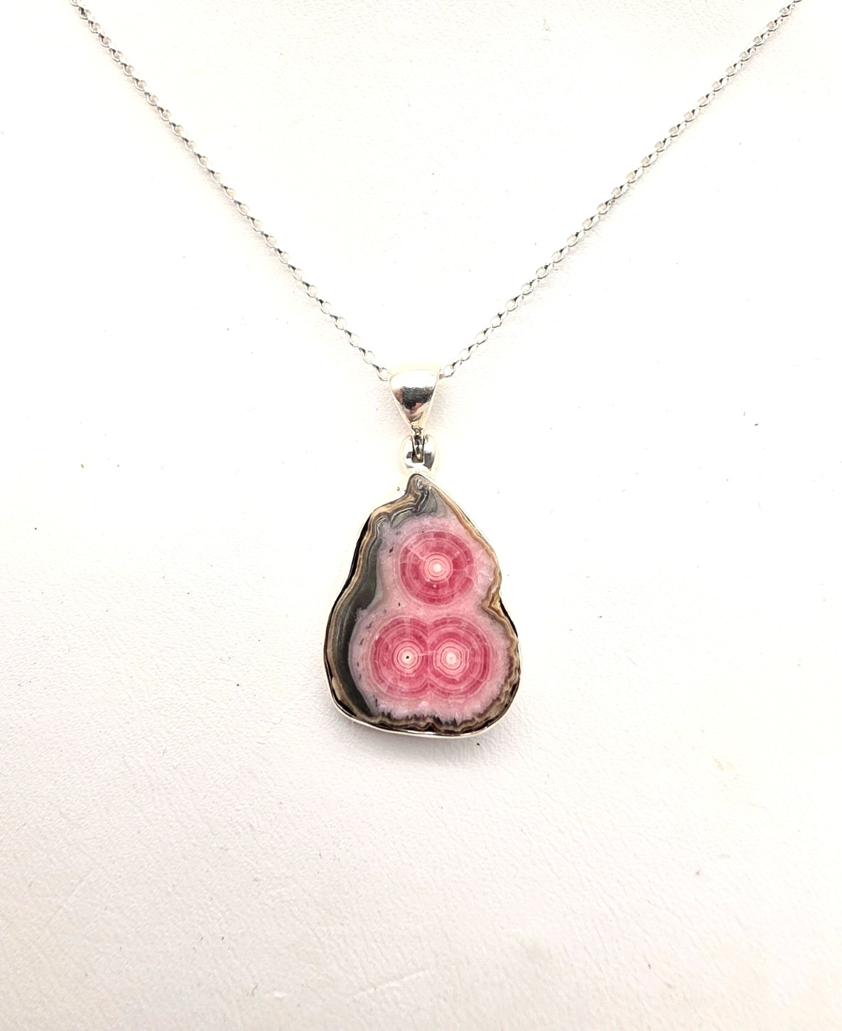 NEW STERLING SILVER 925 NATURAL RHODOCHROSITE STALACTITE SLICE PENDANT & 18″ CH!