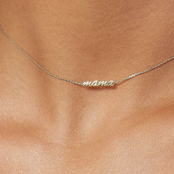 14K Gold Script Mama Choker Chain Necklace 15″-17″ Adjustable