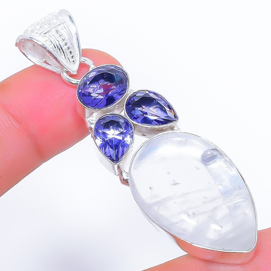 Crystal Quartz, Tanzanite Gemstone 925 Sterling Silver Jewelry Pendant 2.4″
