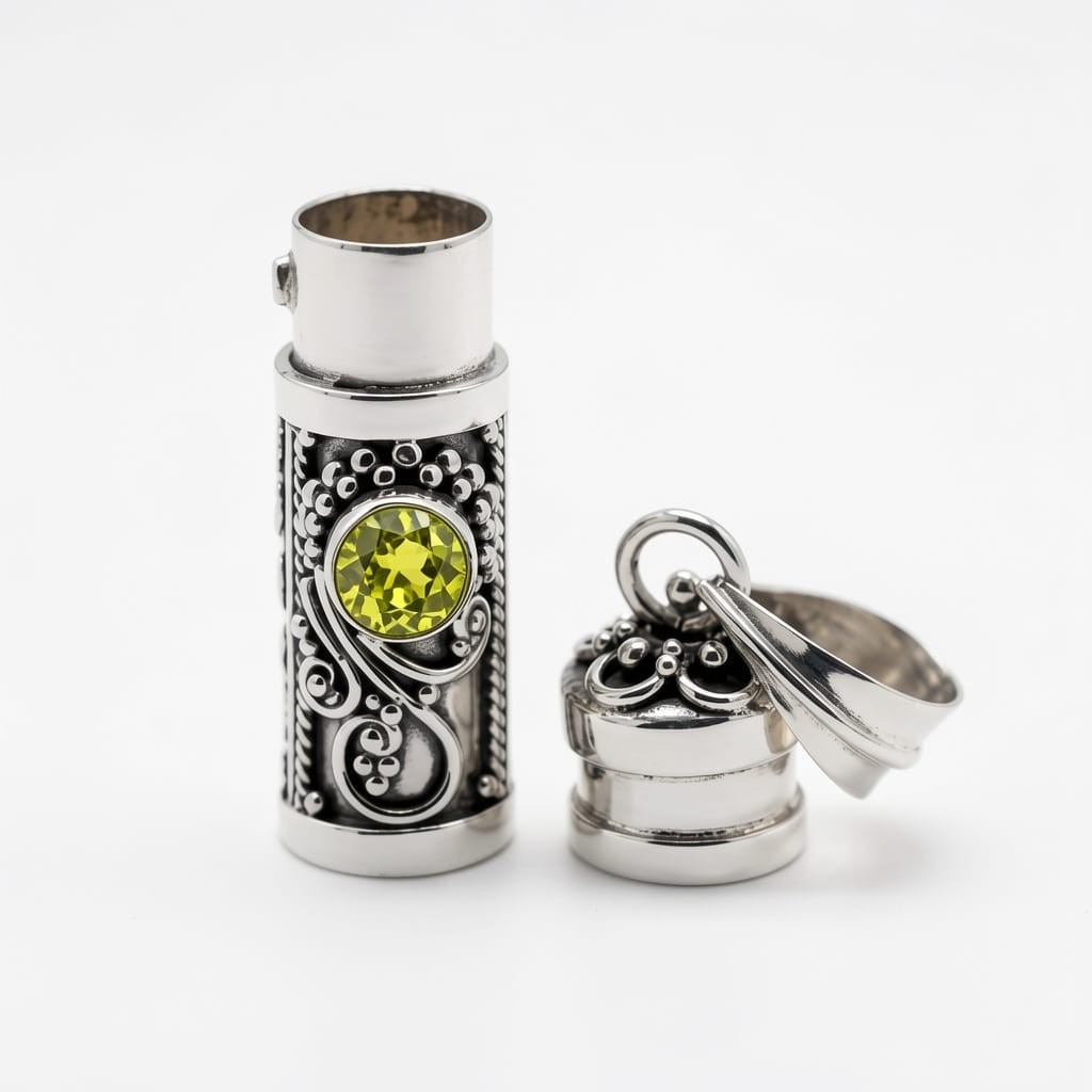 925 Sterling Silver Prayer Box Pendant 1″ Peridot Handcrafted Bali Locket