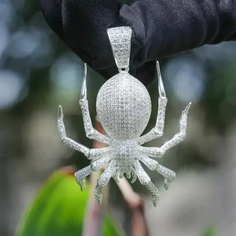 2 Ct Round Cut Real Moissanite Men’s Spider Charm Pendant 925 Sterling Silver