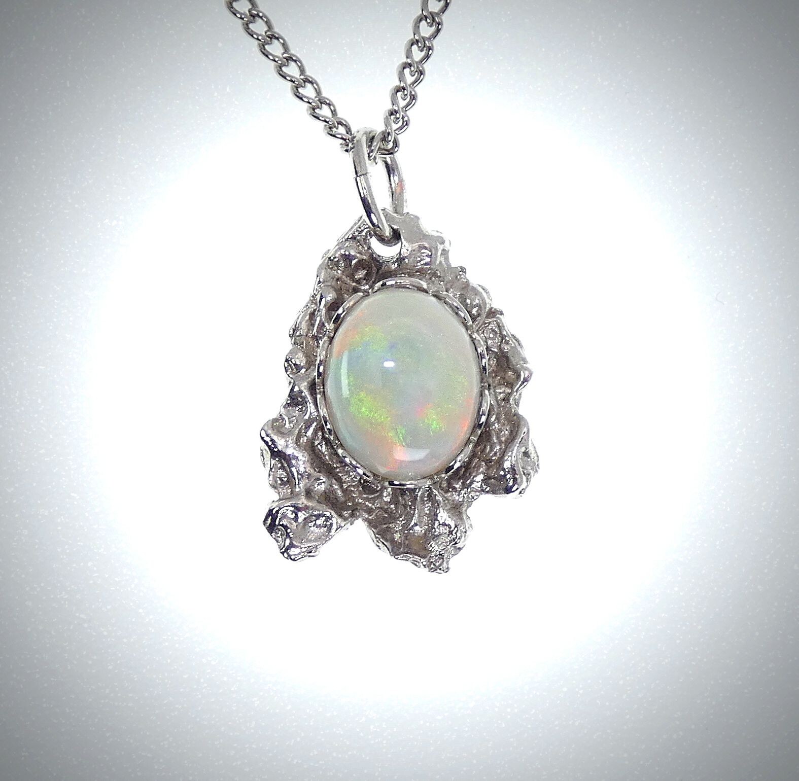 Colorful Oval Opal Stone Set In Asymmetrical Pendant Stainless Steel Necklace