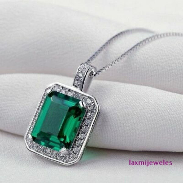 3.5Ct Emerald Cut Lab-Created Diamond Pendant Halo 14K White Gold Over Silver