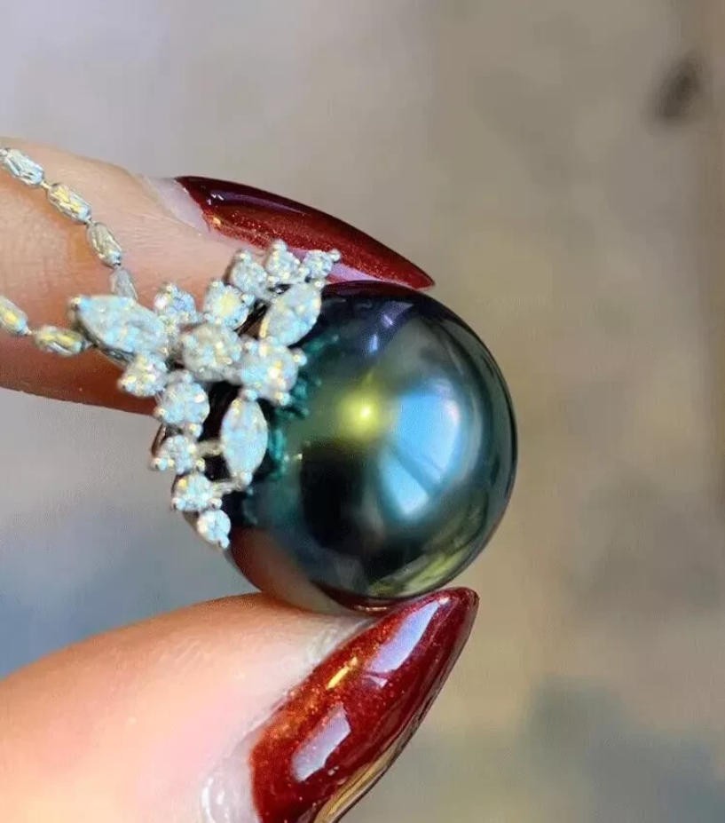Glossy oversize AAAA 9-10mm South Sea Black Green Pearl Pendant Necklace 18″ 925