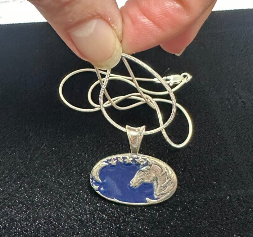 Windhorse Sterling Silver Blue Enamel Horse Pendant w/Silver Snake 20″ chain