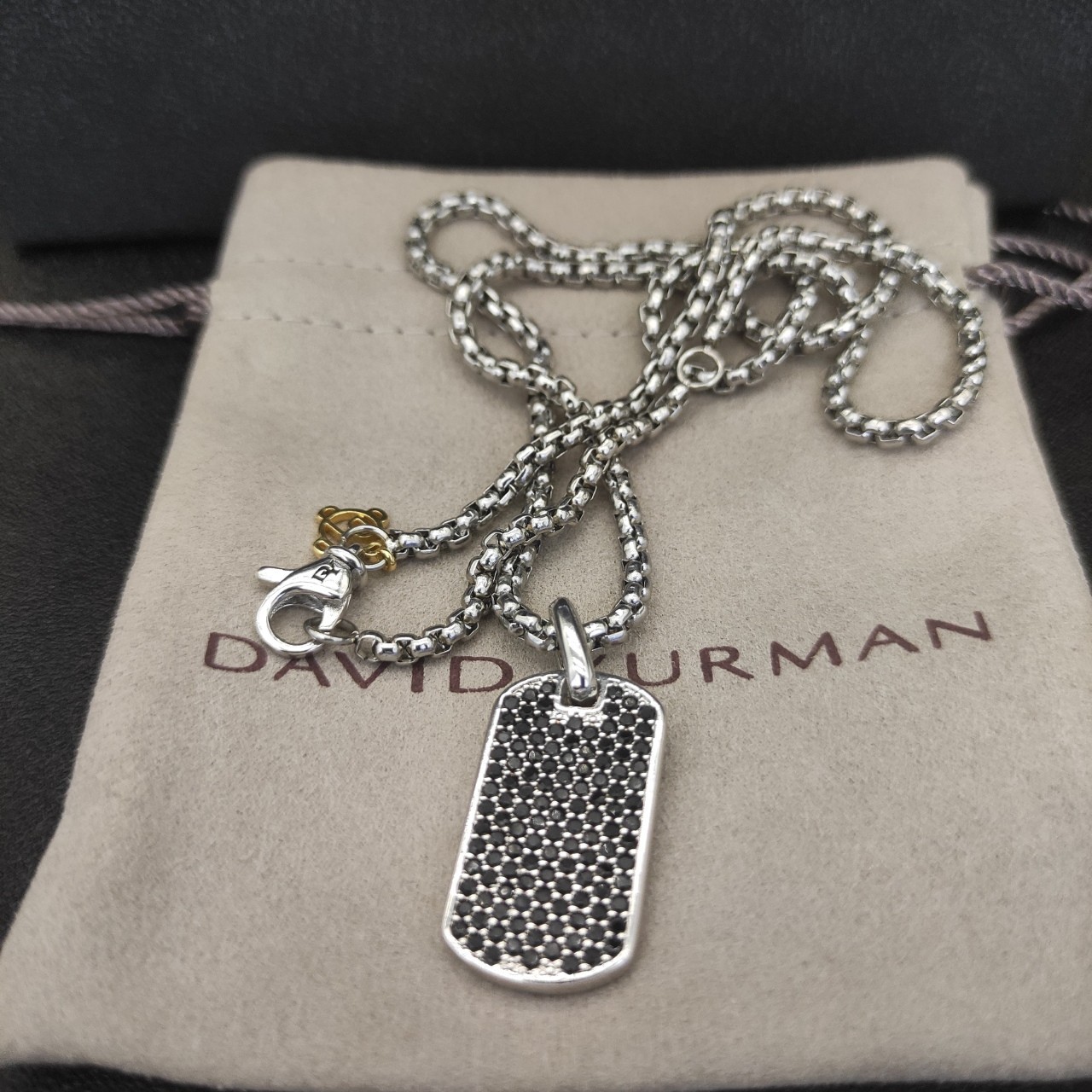 David Yurman Full Pavé Black Diamond Dog Tag Silver Box Chain Pendant Necklace