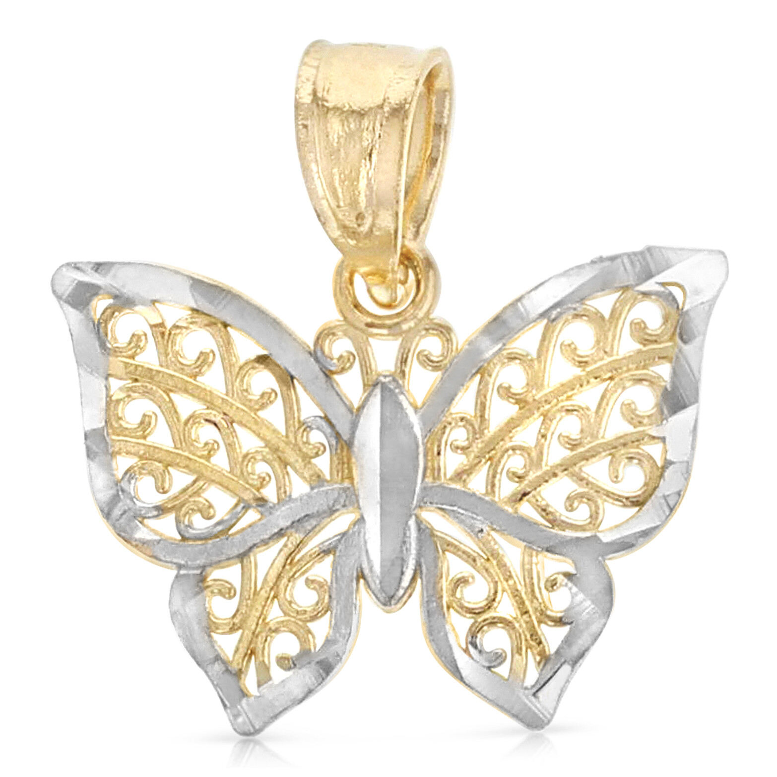 14K Two Tone Gold Fancy Monarch Butterfly Charm Pendant For Necklace or Chain