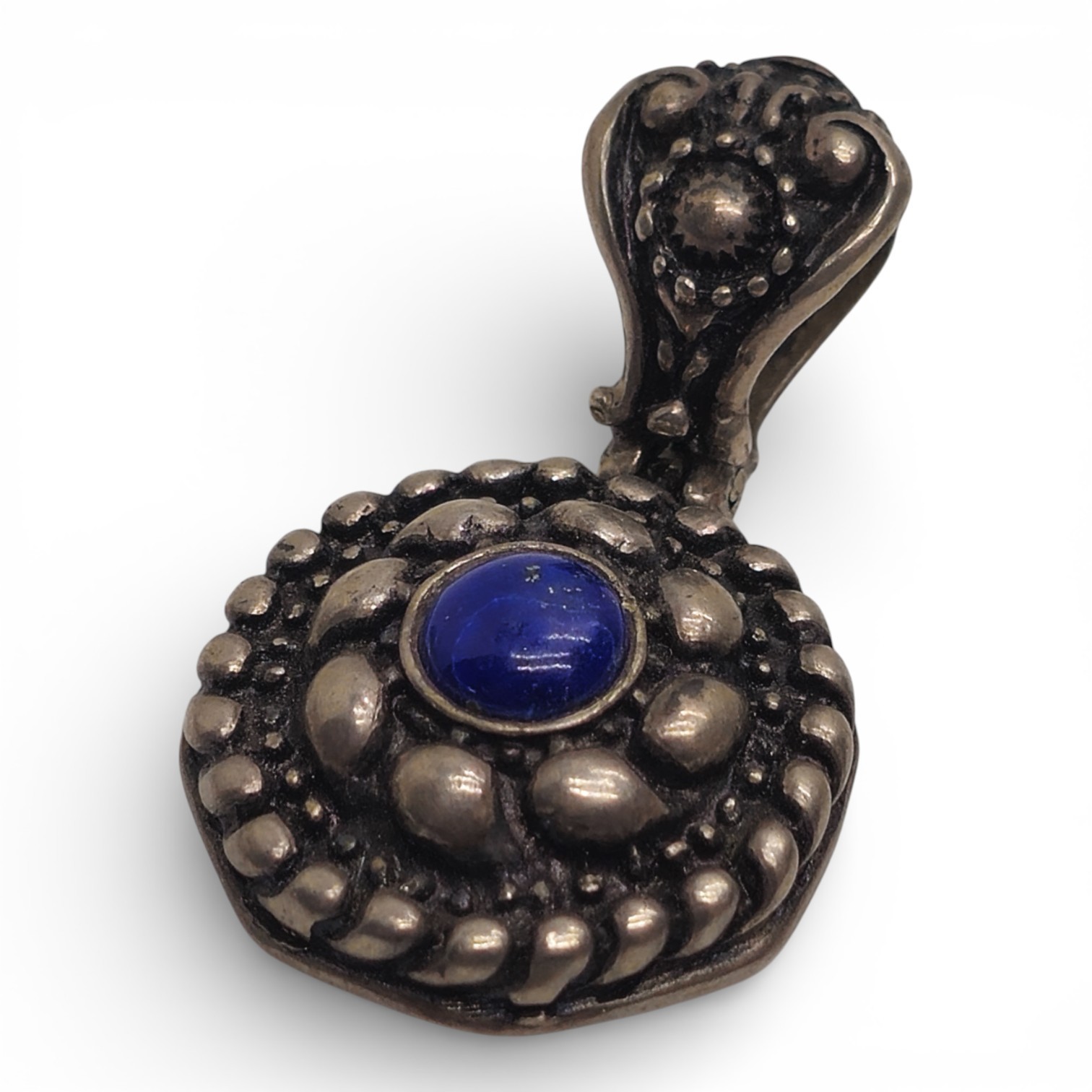 Sterling Silver Circular Pendant Blue Stone Ornate Beaded 925 15.5g