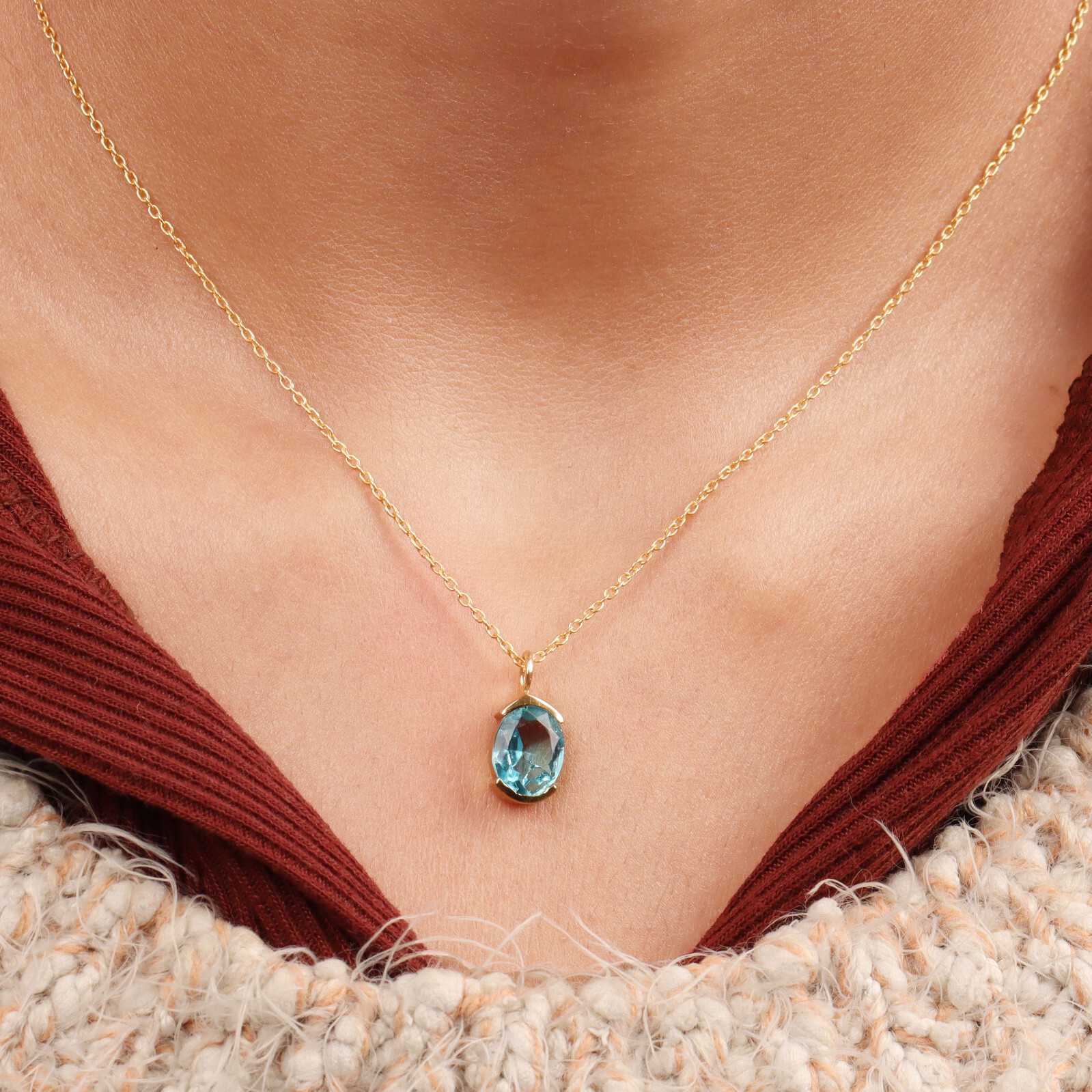 Blue Topaz Necklace Gold Vermeil Women Pendant Necklace Gift For Girlfriend