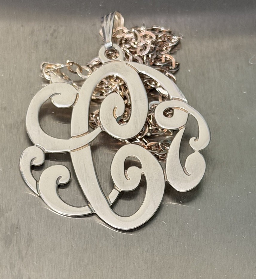 STERLING MODERN SCRIPT ‘C’ MONOGRAM PENDANT/ROSE GOLD PLTD SILVER NECKLACE 23.75