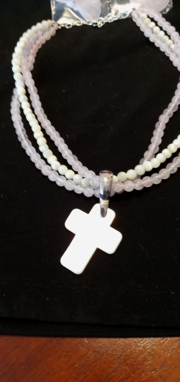 Rose quartz & Mother of Pearl three strand Necklace, interchangeable, SS