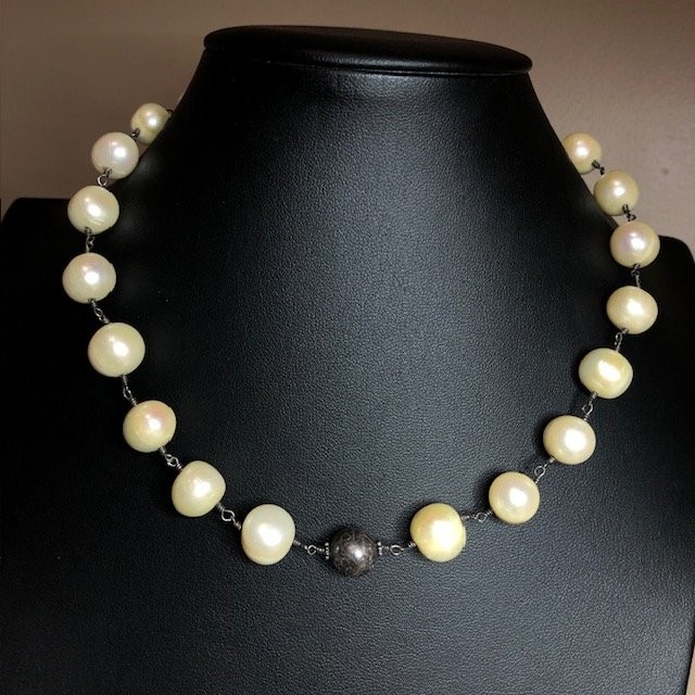 B4452 Vintage Oxidized 12mm Cream Pearl Necklace Sterling silver 17-18″