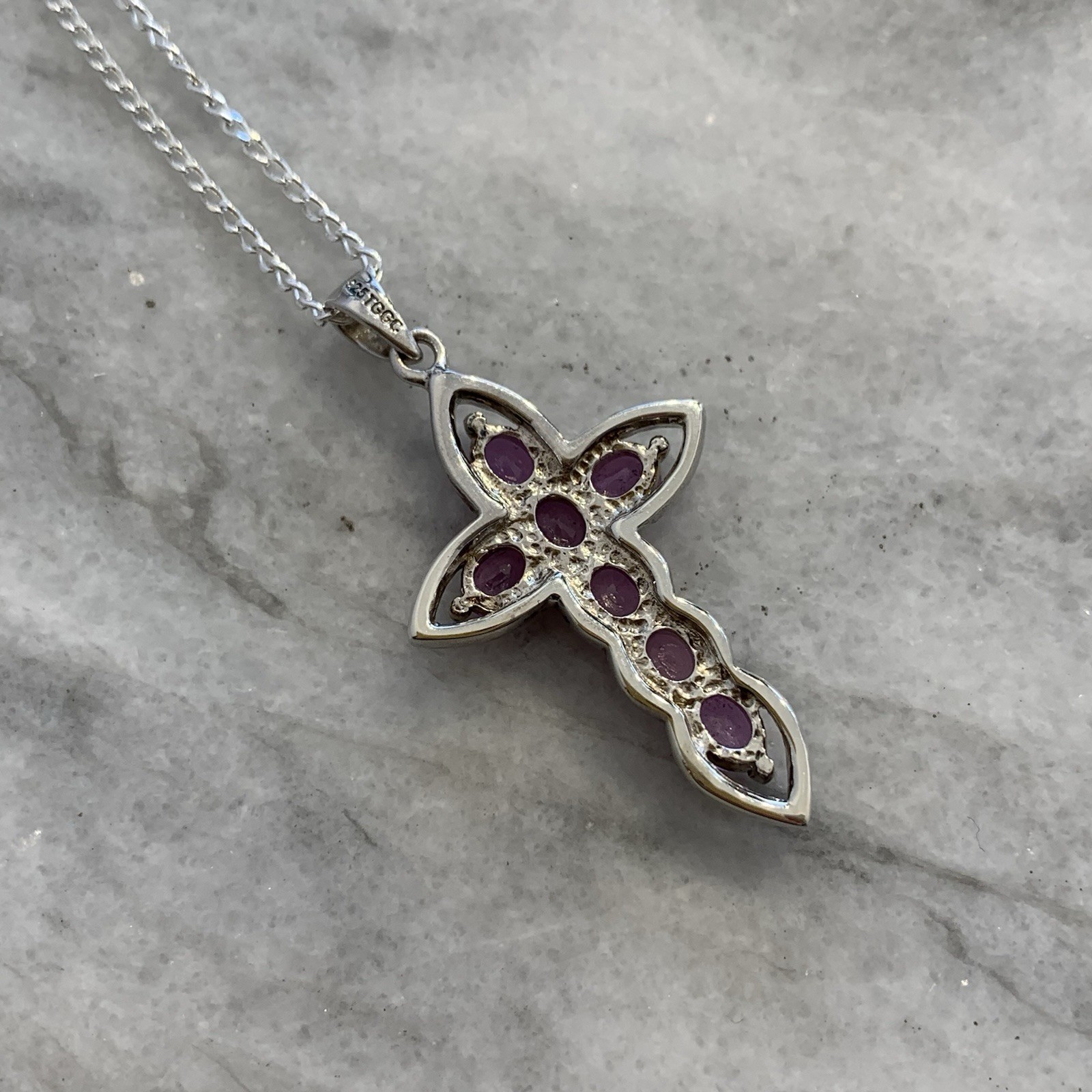 Sterling Silver 925 Pink Topaz Cross Pendant Chain Necklace – 16″ Inches